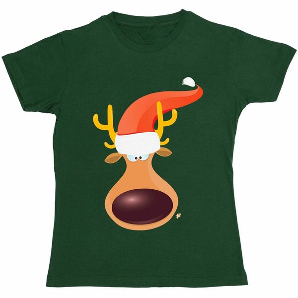 

big nose reindeer face & antlers wears santa hat womens boyfriend fit t-shirt confortable tee shirt