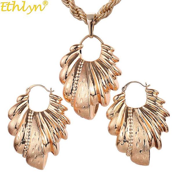 

ethlyn nigerian/african wedding jewelry set hollow leaf pendant necklace earrings for women jewelry sets rose gold color, Silver