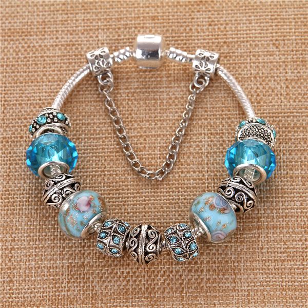

charm bracelets european style vintage silver plated light blue crystal zircon diy charms pand & bangles for women gift, Golden;silver