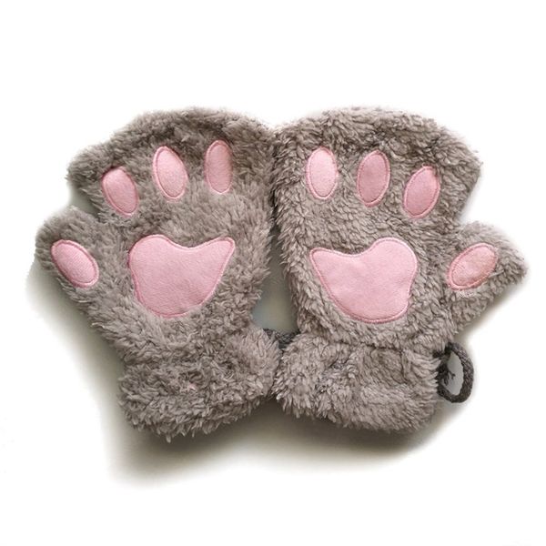 

female trendy cat claw plush gloves half fingerless finger gloves writing cartoon lanyard warm, Blue;gray
