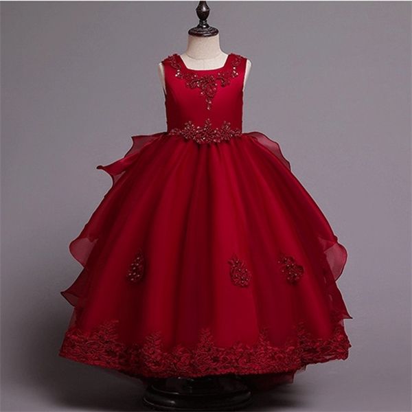 

princess party dress pearl petal birthday children clothing lace wedding gown kids dresses for girls floral elegant vestidos 0923, Red;yellow