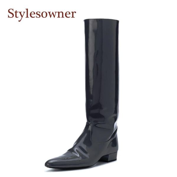 

boots stylesowner black wine red patent leather knee-high low heel rain females shiny all match riding bootie fashion