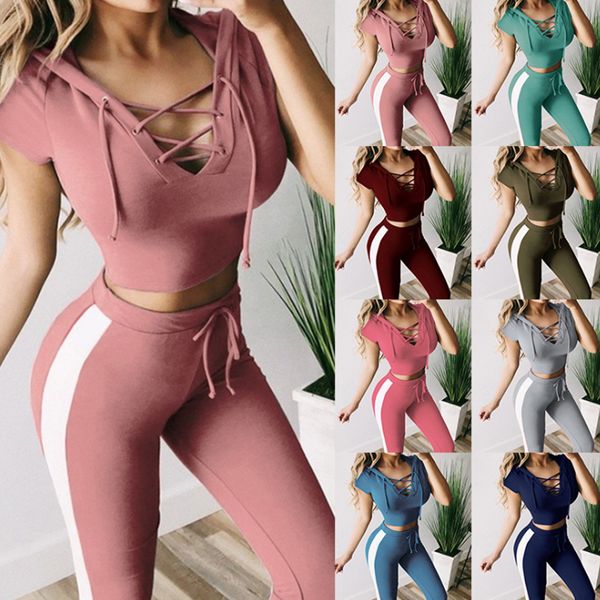 

running sets 2 piece set tracksuits hooded bandage yoga striped sportswear casual suits for fitness workout clothes, Black;blue