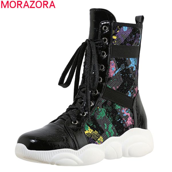 

morazora 2020 snow boots comfortable flat heel ladies shoes fashion lace up ankle boots for woman big size 33-46 black