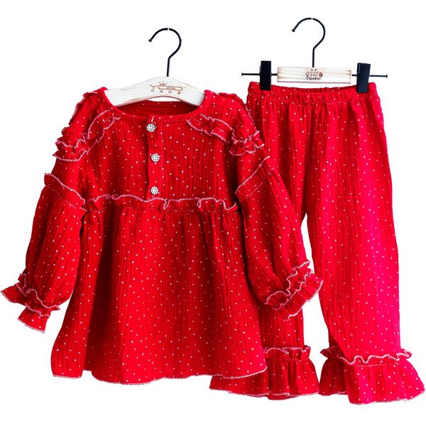 

children's pajamas set girl princess homewear set girls' long-sleeved cotton red kids christmas pajamas, Blue;red
