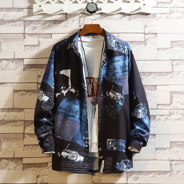 

hawaii print korea style long sleeves casual men shirt for summer clothes hip hop punk streetwear, White;black