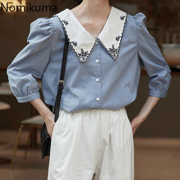 

women's blouses & shirts nomikuma korean floral embroidery turn down collar blouse 3/4 puff sleeve women autumn sweet blusas mujer 6b4, White