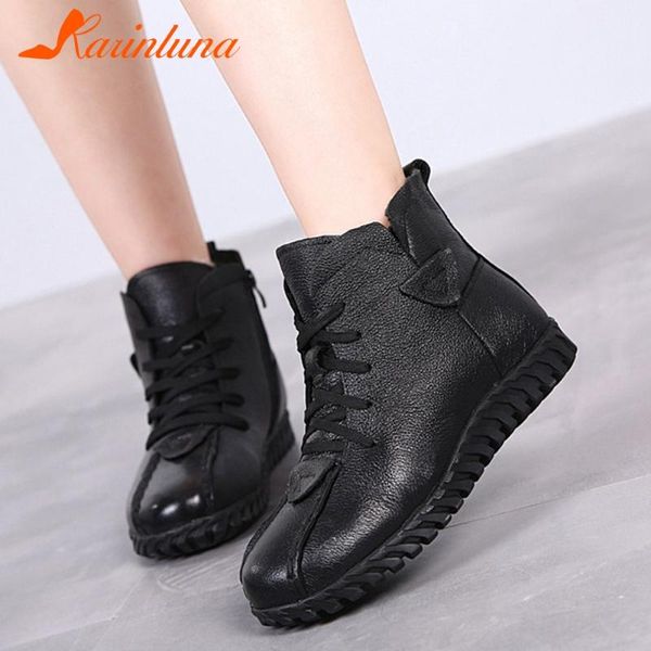 

boots dropship karin 2021 arrival shoes woman casual genuine leather cross-tied round toe short plush winter snow ankle, Black
