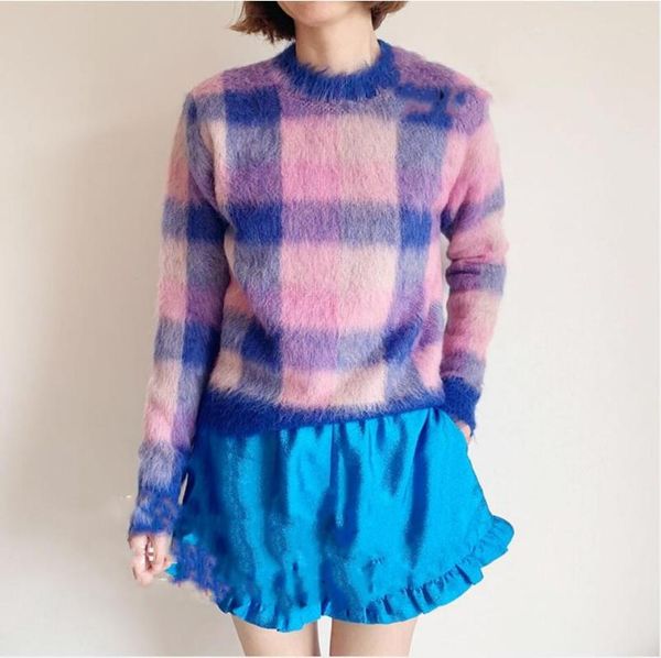 

women sweater 2020 autumn and winter new blue check mohair round neck short-sleeved long-sleeved sweater, White;black