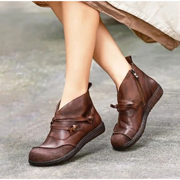 

2020 women lace up vintage ankle boots ladies fashion autumn boots women's pu leather zip woman platform casual female shoes, Black