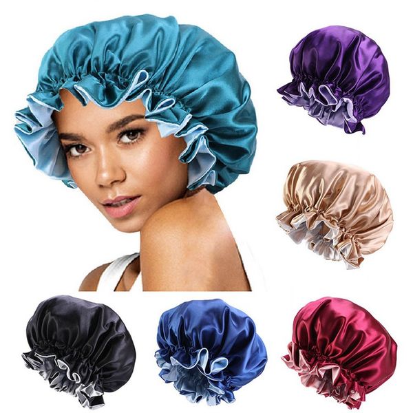

women elastic satin lace solid color night sleep hat chemotherapy hair care cap hair styling care bonnet nightcap, Blue;gray