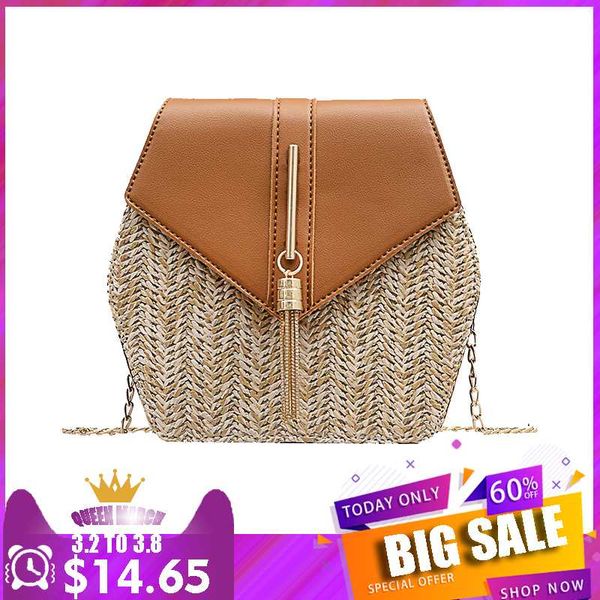 

straw contrast color messenger bag female 2020 summer new fashion wild shoulder chain bag tassel diagonal cross