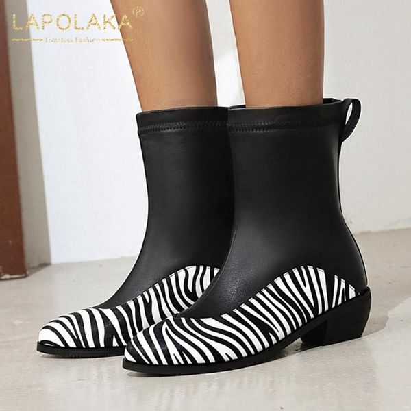 

boots lapolaka arrivals spring autumn ankle women shoes mix color slip on thick heels comfortable ins ladies, Black