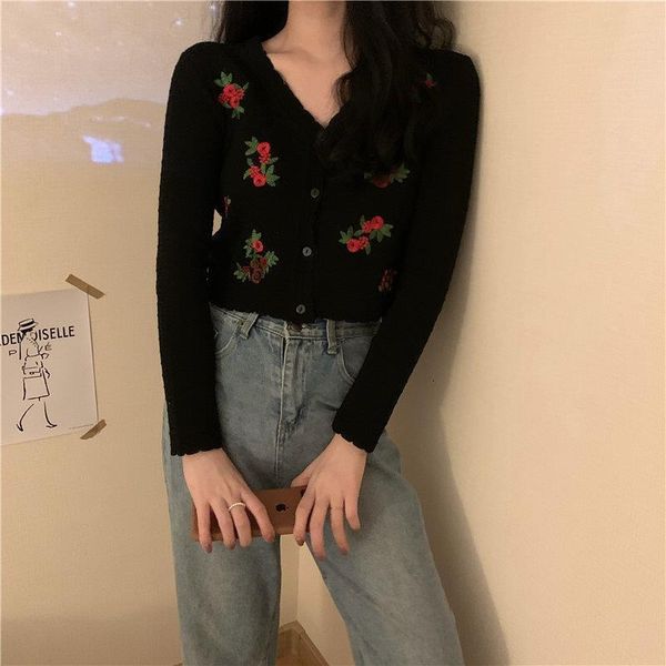 

new women slim embroidery high waist 2020 chic gentle short sweaters sweet v-neck all match loose knitted sweaters, White;black