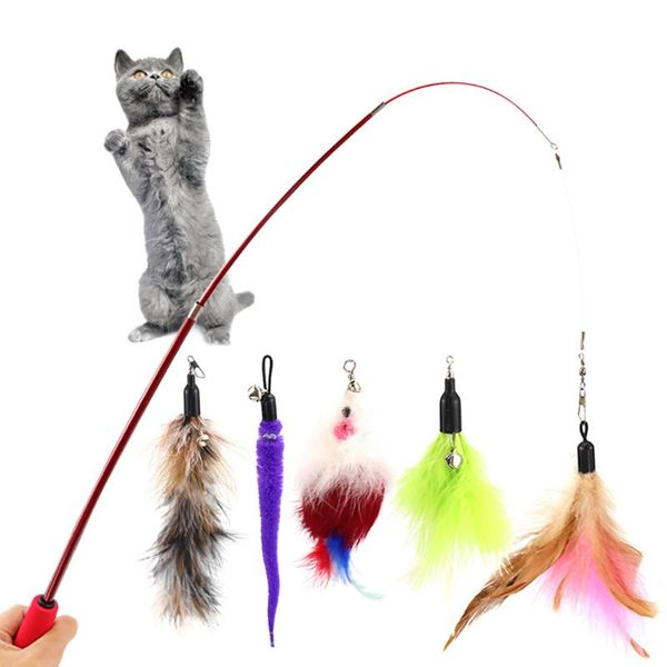 

5pcs cute cat toy interactive kitten scratching teaser wand mouse feather cat scratcher toys wands with replacement head