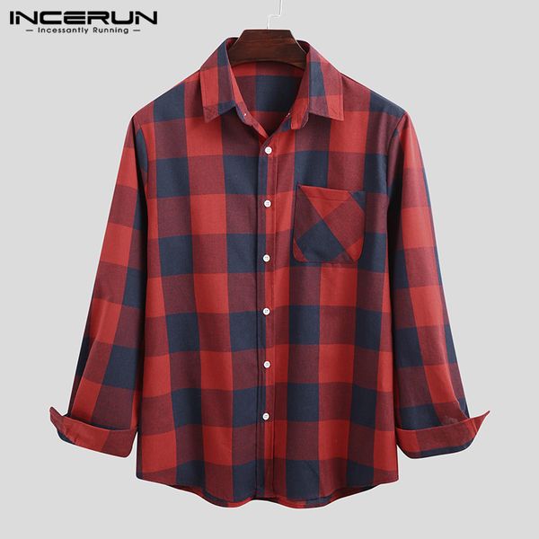 

incerun men casual plaid shirt long sleeve turn-down collar harajuku basic shirts streetwear autumn brand 2020 camisa masculina, White;black