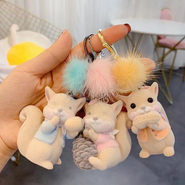 

cute cartoon flocking squirrel hamster doll keychain child plush toy for women girl backpack school bag charms pendant keyrings, Silver