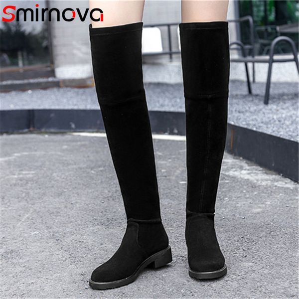

smirnova thigh high boots 2020 casual suede leather woman boots low heel round toe over the knee big size ladies shoes, Black