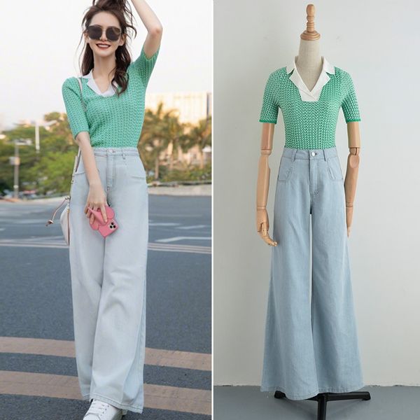 

qi wei same style green corrugated close-fitting short sleeve light color wide leg horn jeans women's jeans sweater sweater suit summer, Gray