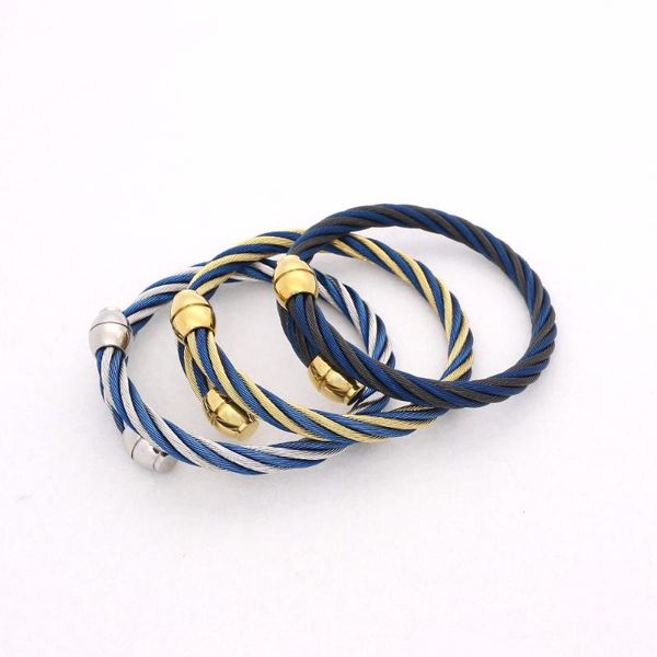 JSBAO homens / mulheres moda jóias de ouro de fio de aço azul cor preta inoxidável Torça selvagem Cable Bangle presente Mulheres Para