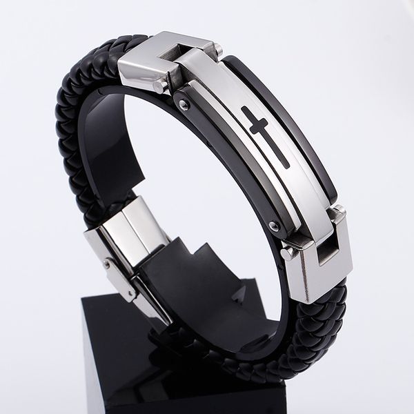 

vintage hand-woven leather bracelet male titanium steel cross bracelet, Black