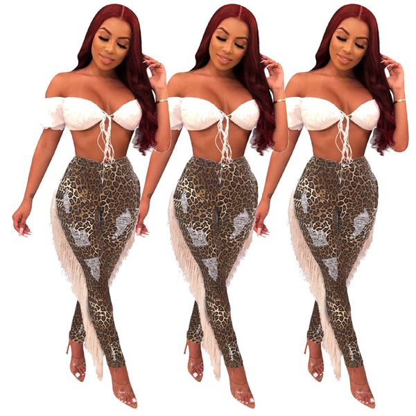 

leopard tassel women jeans fashion washed ripped skinny pencil pants long trousers casual women designers clothes 2020, Blue