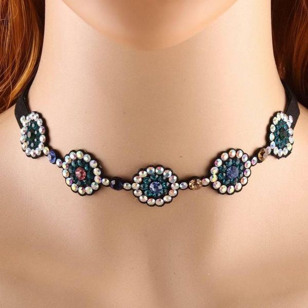 

красочные хрустальный цветок женщины choker ожерелье новый дизайн черный веревка elegant партии заявление коренастый воротник ожерелье ювели, Golden;silver
