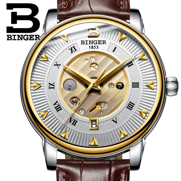 

wristwatches fashion mechanical watch binger brand men skeleton automatic watches relogio masculino casual leather gold clcok 2021, Slivery;brown