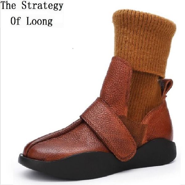 

spring autumn winter retro women genuine leather boots lady flat heels woven botas ladies platform wool boots 191027, Black
