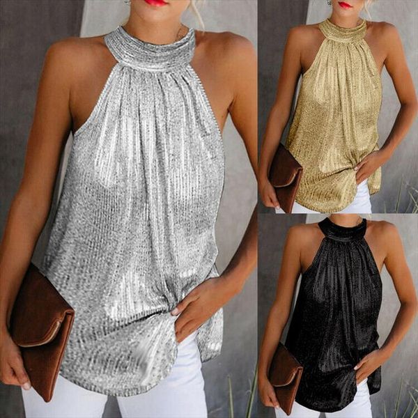 

womens fashion shiny halter neck tank ladies summer casual solid color sleeveless t shirt black gold silver, White