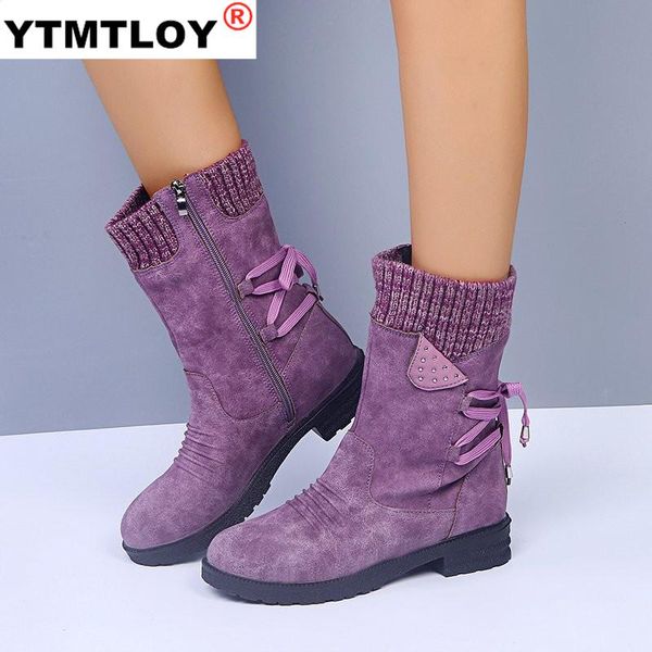 

winter snow boots women zipper fashion pu leather mid-calf boots with back lace-up design solid low heel shoes botas mujer, Black