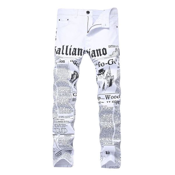 Jeans da uomo Pantaloni da uomo dritti slim fit skinny di colore bianco pantaloni di jeans maschili alla moda stampati a lettere Drop