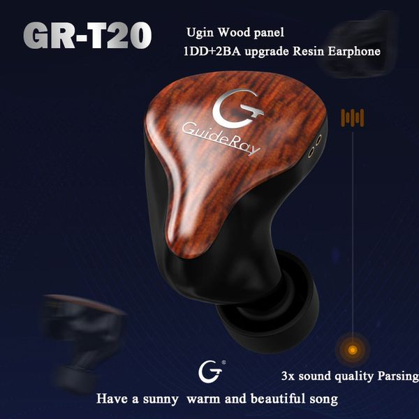 

new guideray gr-t20 dynami 2 balanced armature ugin wooden panel dd + 2ba mixed bass hifi music monitor headphone 0.78mm eva bag