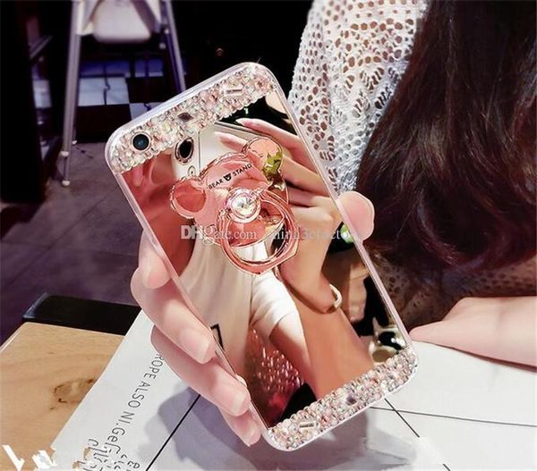 

luxury diamond mirror ring phone case for iphone xs 8 plus 6 6 plus bling glitter make up cases with diamond bear ring clip stand for s10