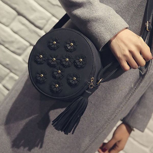 

women small flower tassel shoulder bag pu leather round bag crossody bags -opk