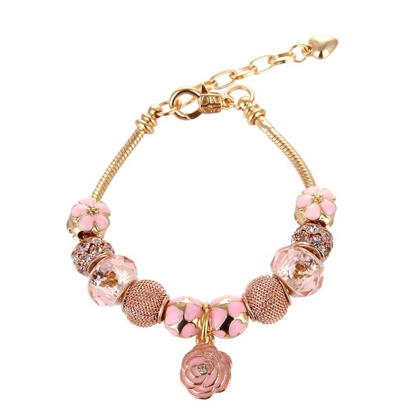 

charm bracelets changbizi flower pendant pink beads rose golden bracelet cute elegant charms pand & bangles for women/girl gift, Golden;silver