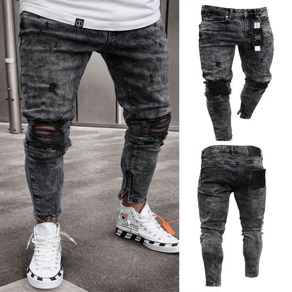 

men's jeans 2021 black ripped slim fit fashion denim casual high quality, Blue