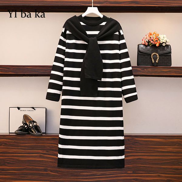 

3xl plus size women vintage stripe sweater dress autumn winter 2020 long sleeve o neck bow casual kint dresses, Black;gray