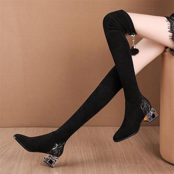 

natascha women boot party prom shoes woman black stretch boots winter warm women over the knee high boots square heels
