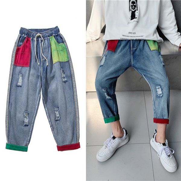 

men's jeans patchwork 2021 light blue washed retro high-waist straight-leg overalls slim loose fashion wide-leg men oversize