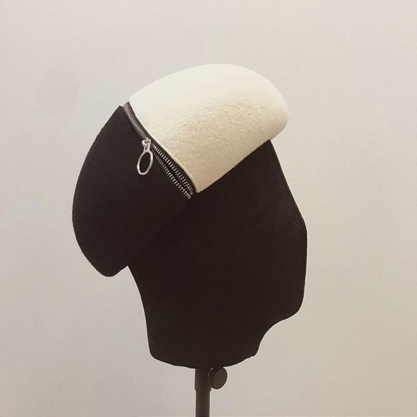 

berets beret for women wool street s woolen cloth black and white color matching zipper decoration female retro elegant, Blue;gray
