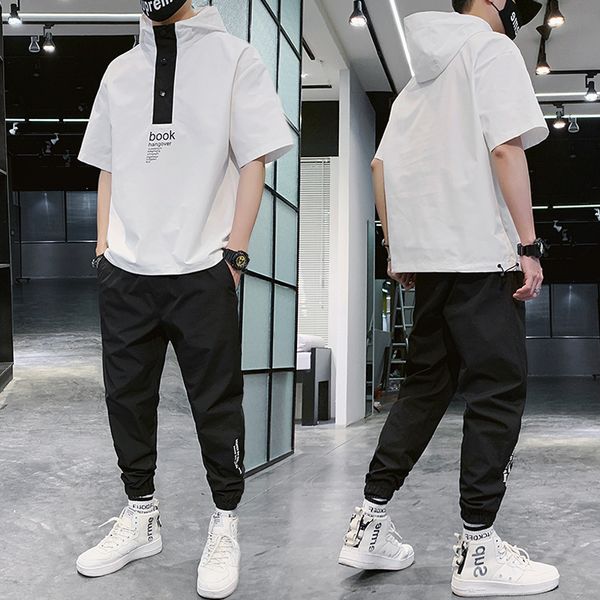 

running sets korean male summer t-shirt+pants two-piece suit casual sportswear man's streetwear 2021 tracksuit men hip hop suits, Black;blue