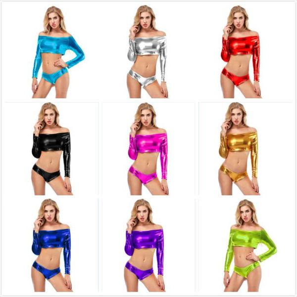 

candy color shiny pu faux leather crop pole dance night club wear bustier off collar colthing, White