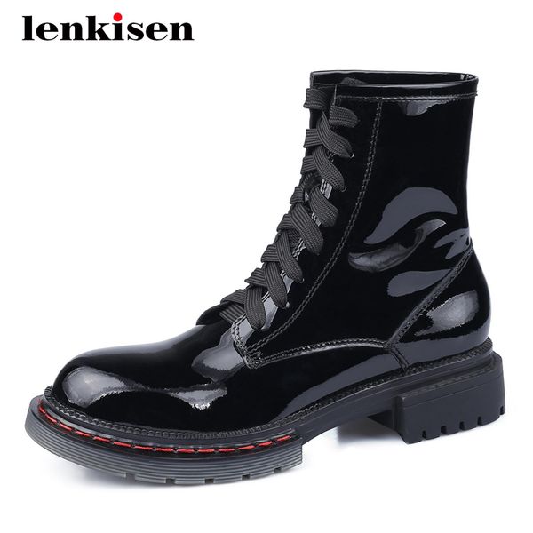

lenkisen motorcycle boots genuine leather cross-tied handsome thick low heel round toe lace up young girls cozy ankle boots l57, Black