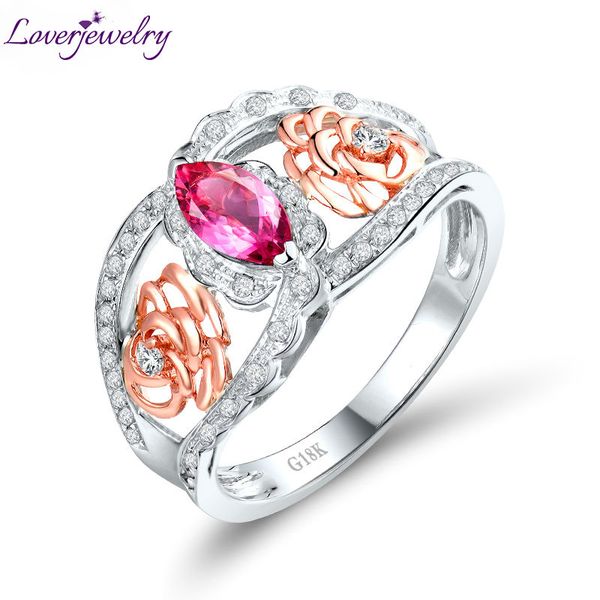

loverjewelry tourmaline ring for women 18kt multi-tone gold pink tourmaline engagement rings diamonds genuine gemstone jewelry, Golden;silver