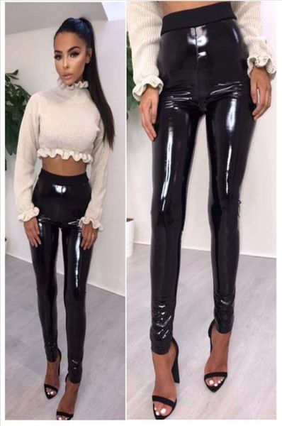 

высокая талия гетры женщины stretch shiny wet look кожа pu black pants тонкий тренировки брюки женщины тощий гетры