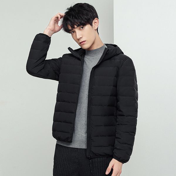

men's lightweight down jacket 2020 winter youth basic long sleeve hooded jacket men's solid color warm top, Black
