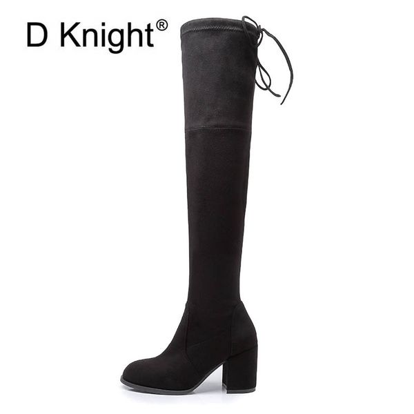 

new women's high square heels over the knee boots fashion round toe slip-on high boots big size 34-43 ladies winter autumn, Black