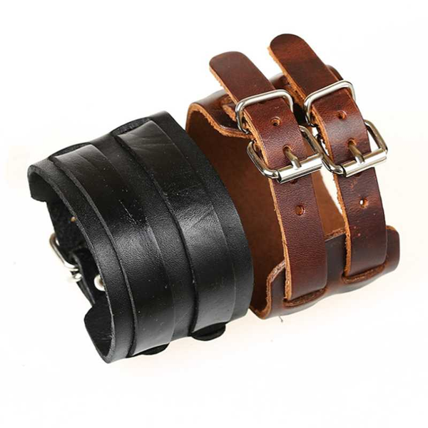 

charm bracelets vintage leather bracelet wide double buckle men and women personality punk, Golden;silver