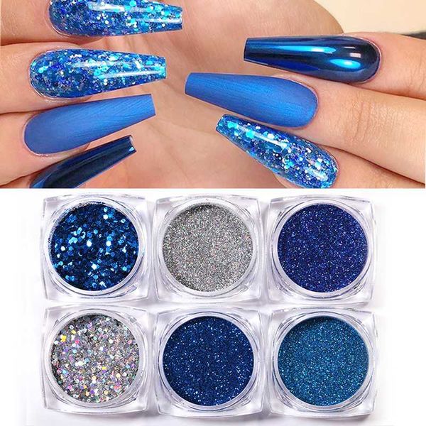 

6 /12 boxes/set holographics nail powder blue red colorful glitter nail sequins pigment flakes dust 3d art decoration, Silver;gold